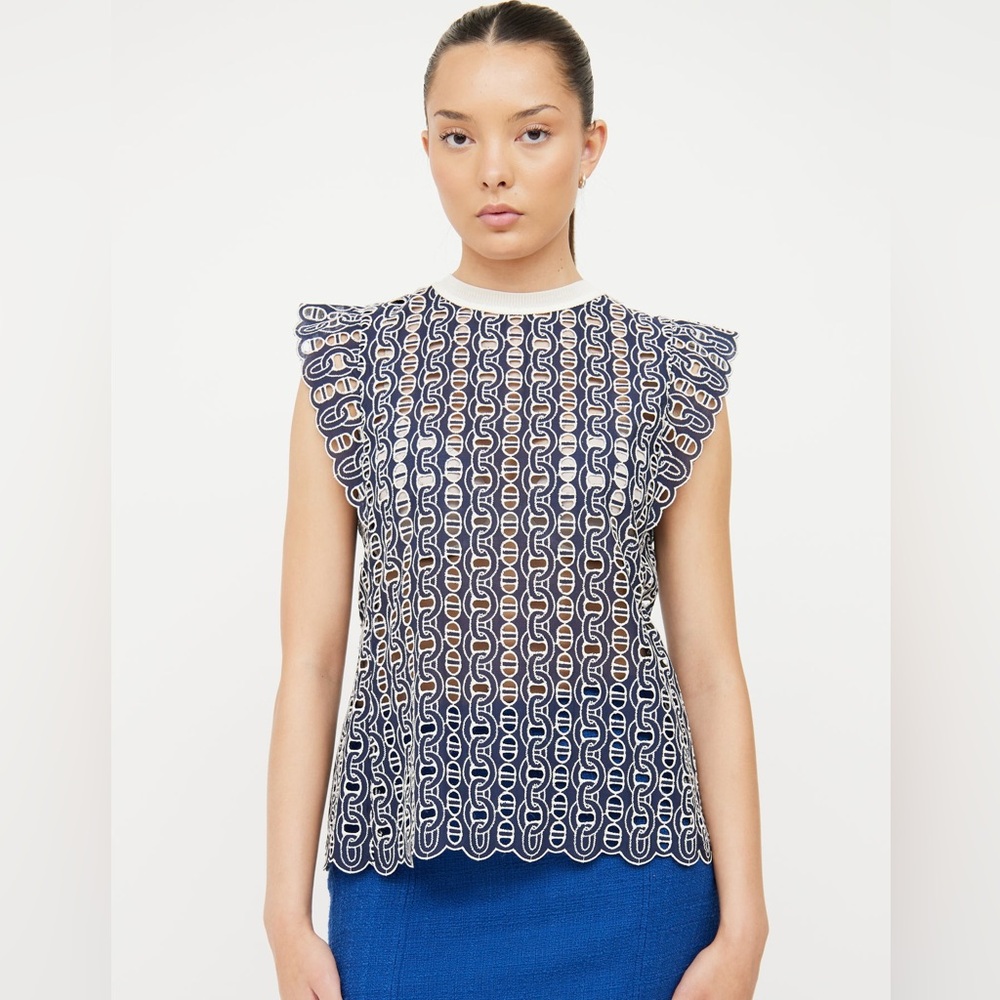 Sandro Navy and White Lace-Pattern Sleeveless Top - Picture 11 of 12